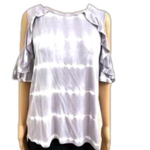 Gray and White Tie-dye Cold Shoulder Blouse with Ruffle on Sleeves